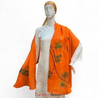 Khăn gai dài màu cam đậm vẽ tay hình tùng hạc 70*190cm